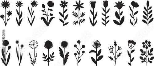  Collection of black and white flower silhouettes including daisies, tulips, sunflowers, roses, irises, and more, arranged in a neat grid for a cohesive and minimalist floral design.
