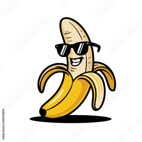 Cool Banana Cartoon Character with Sunglasses, Funny cartoon illustration of a peeled banana wearing sunglasses and smiling, creating a playful and cheerful food mascot design.

