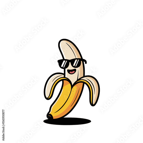 Cool Banana Cartoon Character with Sunglasses, Funny cartoon illustration of a peeled banana wearing sunglasses and smiling, creating a playful and cheerful food mascot design.

