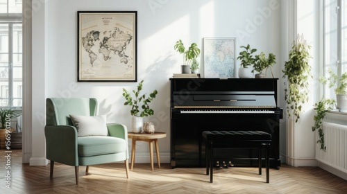 Cozy room with piano, armchair, plants, map art, warm light, and hardwood floor