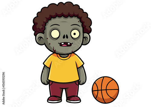 Cartoon Zombie Boy with Basketball Grey Skin Yellow Shirt Red Pants.