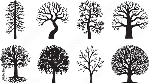  Collection of eight black and white leafless tree silhouettes with distinct shapes, gnarled branches, and varied structures for a stark and minimalist depiction of barren trees.