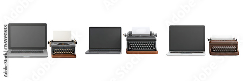 Modern laptop and vintage typewriter side by side showing contrast between old and new technology in clean layout
