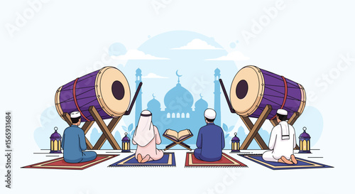 Muslims Gather for Ramadan Prayers and Festivities with Traditional Drums and Mosques in the Background