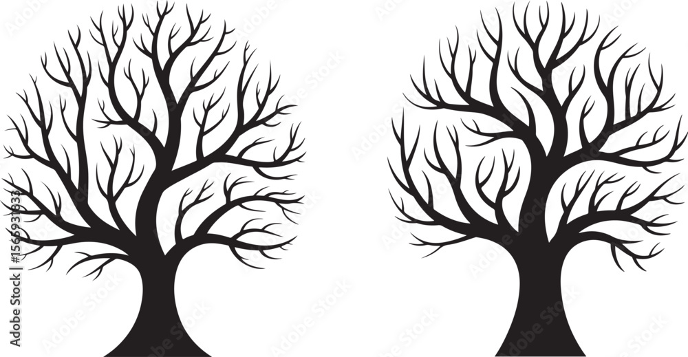 Obraz premium Collection of eight black and white leafless tree silhouettes with distinct shapes, gnarled branches, and varied structures for a stark and minimalist depiction of barren trees.