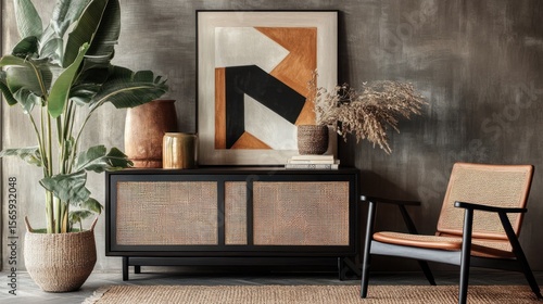 Interior scene sideboard, art, plant, chair, vases against a textured gray wall