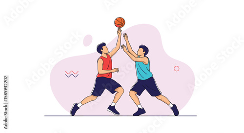 Two male athletes jumping high to compete for the basketball during a sporting match demonstrating teamwork and intense athletic competition
