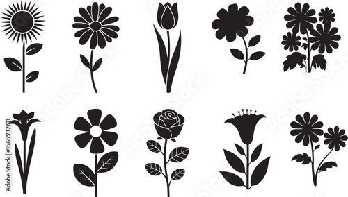  Collection of black and white flower silhouettes including daisies, tulips, sunflowers, roses, irises, and more, arranged in a neat grid for a cohesive and minimalist floral design.