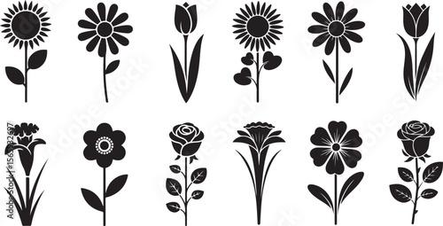  Collection of black and white flower silhouettes including daisies, tulips, sunflowers, roses, irises, and more, arranged in a neat grid for a cohesive and minimalist floral design.
