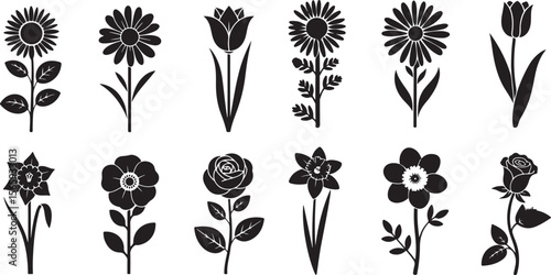  Collection of black and white flower silhouettes including daisies, tulips, sunflowers, roses, irises, and more, arranged in a neat grid for a cohesive and minimalist floral design.