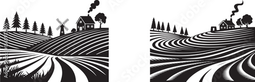 Collection set of Countryside Farm Landscape Silhouette with Fields, House, and Windmill vector silhouette