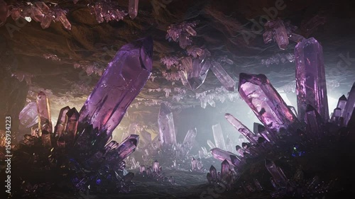 Stunning underground cave with large purple crystals