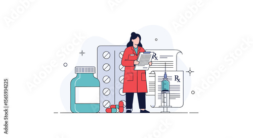 Healthcare Professional Reviewing Medical Documents and Prescriptions Amidst Pharmaceutical Supplies and Medical Equipment