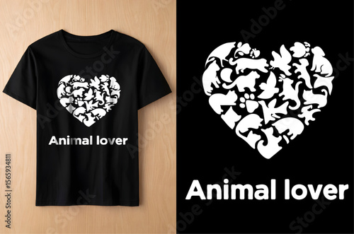 Animal Lover Heart T-Shirt Design – White Pet Silhouettes with Clean Typography.