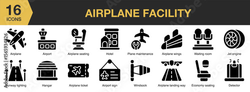 Airplane Facility solid icon set. Includes runway, hangar, aircraft, boarding, travel, and More. Solid icons vector collection.