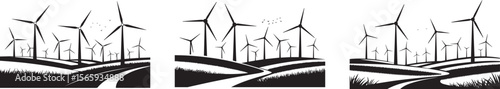 Collection set of Wind Turbine Farm Silhouette Landscape with Rolling Hills and Renewable Energy vector silhouette