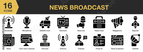 News Broadcast solid icon set. Includes live, journalism, camera, studio, microphone, and More. Solid icons vector collection.
