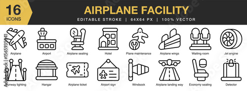 Airplane Facility icon set. Editable Stroke Icon Collection. Includes airplane, airport, facility, aviation, terminal, and More. Outline icons vector collection.