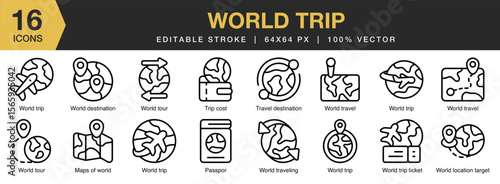 World Trip icon set. Editable Stroke Icon Collection. Includes travel, world, trip, vacation, journey, globe, and More. Outline icons vector collection.