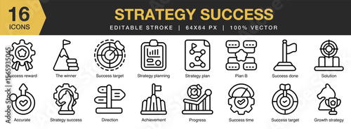 Strategy Success icon set. Editable Stroke Icon Collection. Includes strategy, success, planning, goal, achievement, and More. Outline icons vector collection.