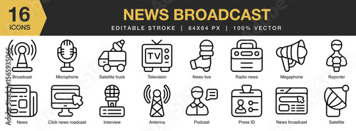 News Broadcast icon set. Editable Stroke Icon Collection. Includes news, broadcast, media, television, anchor, report, and More. Outline icons vector collection.