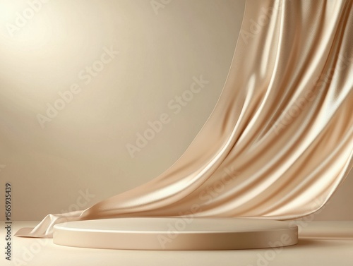 high definition image of Beige color abstract background with a round podium and flying silk, creating soft shadows for minimalistic product presentations, high detail, 8k