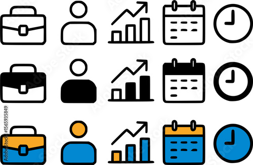 Business icon bundle with outline, solid and two-tone styles  
