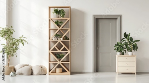 Light floods a minimalist room with plants, wooden shelves, seating, and a closed door