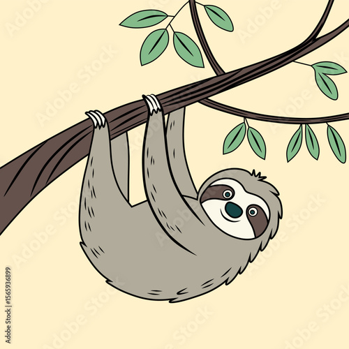 A cute cartoon sloth hangs upside down from a tree branch with green leaves a peaceful scene.