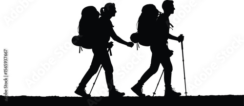 Couple explores nature together in a silhouette, hiking with backpacks and trekking poles, enjoying outdoor adventure.