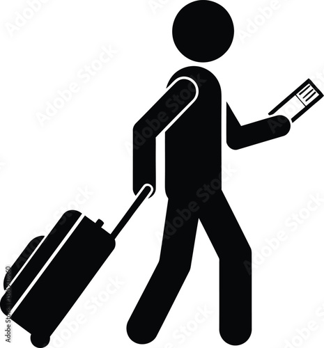 Silhouette of a traveler walking with luggage and boarding pass representing travel, transportation, and vacation.