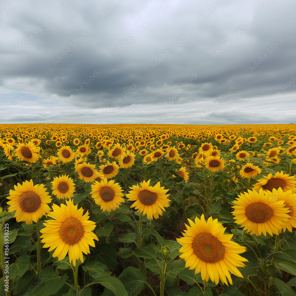 Obraz premium Large sunflower field swaying under a slightly overcast summer sky