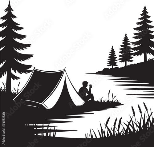 Camping Silhouette by River with Tent, Trees, and Man Drinking in Nature vector silhouette