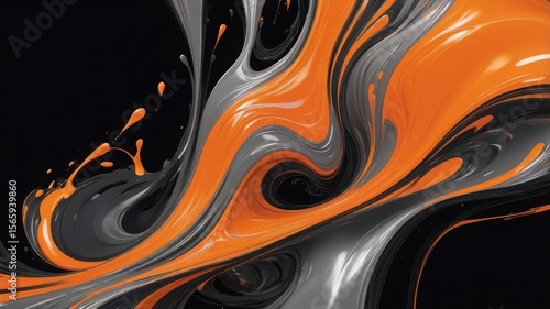 Abstract dynamic swirling liquid flow of orange and gray colors on black background