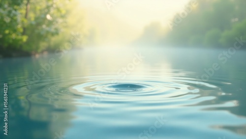Water Droplet Ripples Calm Teal Lake Green Trees Background