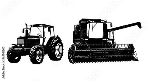 Black and white vector illustration of a tractor and a combine harvester, agricultural machinery.