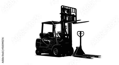 Silhouette of a forklift and a pallet jack, isolated against a white background.