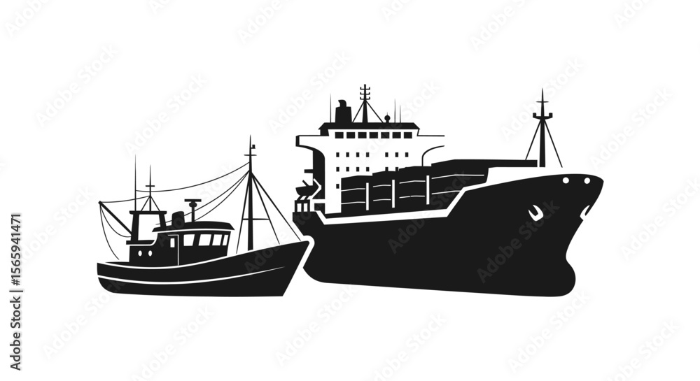 Fototapeta premium Silhouette illustration showcasing a fishing vessel alongside a large cargo ship, isolated.