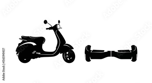 Silhouette of a classic scooter and a hoverboard, side-by-side, on a white background.