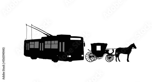 A trolleybus and horse-drawn carriage juxtaposed, symbolizing contrasting modes of transportation.