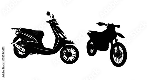 Silhouette illustration showing a scooter and a motorcycle, both in black, against a white background.