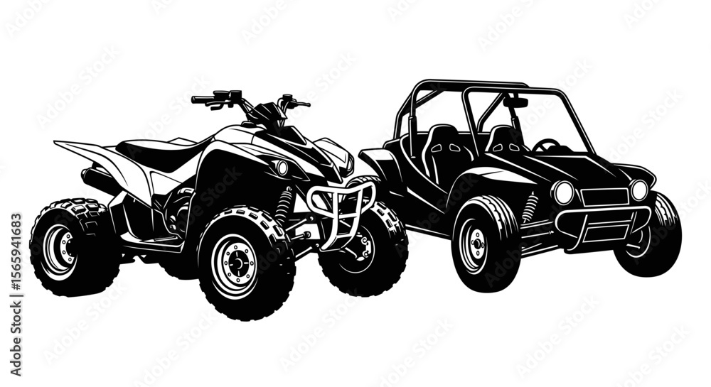 Illustration of an ATV quad bike and a side-by-side buggy, both in black and white. Illustration of an ATV quad bike and a side-by-side buggy, both in black and white.