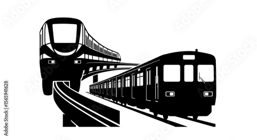 Elevated train and ground-level commuter train converging on tracks.