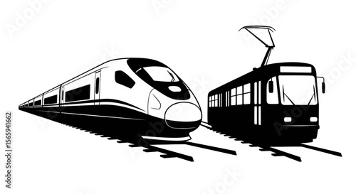 A black and white illustration of a high-speed train and a tram on parallel tracks.