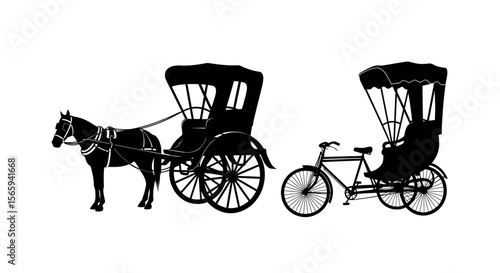 Silhouette comparison of a horse-drawn carriage and a bicycle rickshaw.