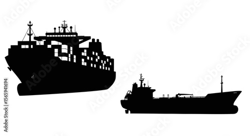 Two black silhouettes of cargo ships, one container ship and one tanker, isolated on a white background.