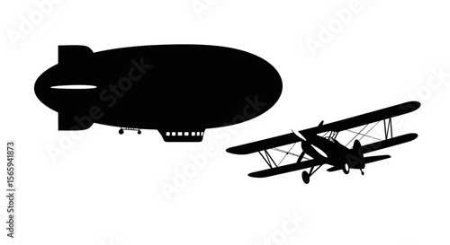 Silhouette of a vintage airship and biplane against a white background.