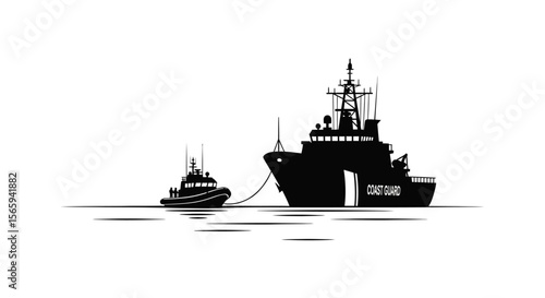 Silhouette illustration of a Coast Guard cutter being towed by a smaller vessel on the water.