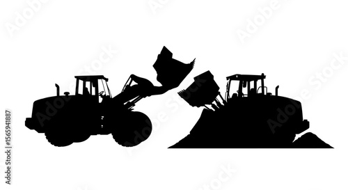 Silhouette of two excavators transferring material.