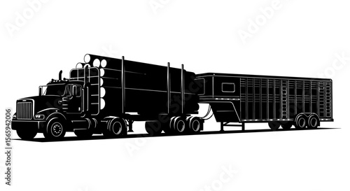 A powerful black silhouette of a semi-truck hauling a livestock trailer.